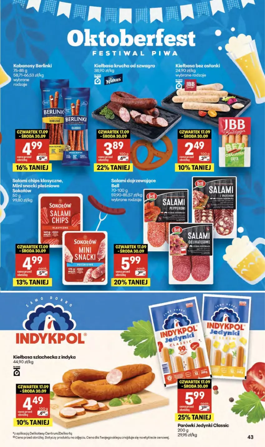 Gazetka promocyjna Delikatesy Centrum - Franczyza DC38 Czwartek - ważna 17.09 do 23.09.2026 - strona 43 - produkty: Dell, Fa, Kiełbasa, Parówki, Rum, Salami, Sok, Sokołów
