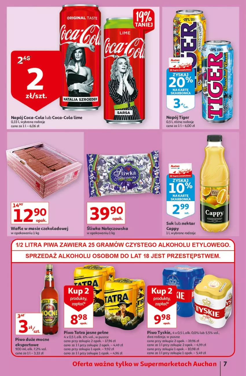 Gazetka promocyjna Auchan - Małe ceny Supermarkety - ważna 02.09 do 08.09.2021 - strona 7 - produkty: Cappy, Coca-Cola, Gra, Napój, Nektar, Piwa, Piwo, Por, Sok, Sport, Tatra, Tiger, Tyskie, Wafle