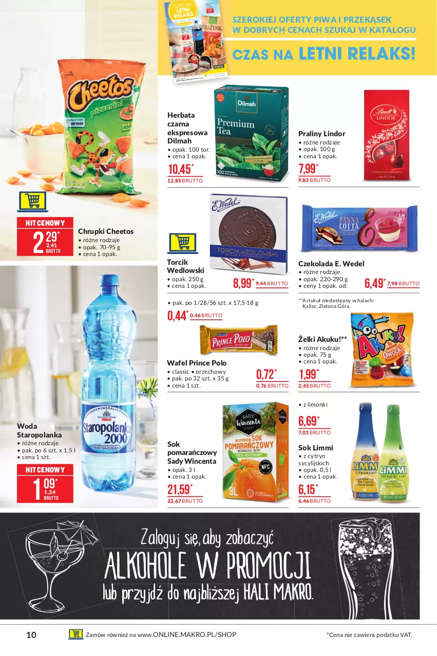 Gazetka promocyjna Makro - [Oferta promocyjna] Artykuły spożywcze - ważna 13.07 do 26.07.2021 - strona 10 - produkty: Cheetos, Chrupki, Czekolada, Dilmah, E. Wedel, Grill, Herbata, Herbata czarna, Lindor, Napój, Pepsi, Piwa, Piwo, Praliny, Prince Polo, Ser, Sok, Sok Limmi, Sok pomarańczowy, Staropolanka, Woda