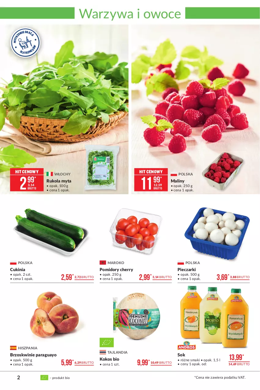 Gazetka promocyjna Makro - [Oferta promocyjna] Artykuły spożywcze - ważna 13.07 do 26.07.2021 - strona 2 - produkty: Brzoskwinie, Kokos, Maliny, Owoce, Piec, Pomidory, Rukola, Sok, Warzywa, Warzywa i owoce