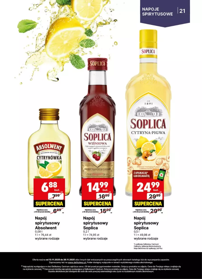 Gazetka promocyjna Delikatesy Centrum - Delibarek DC46-DC47 - ważna 13.11 do 26.11.2025 - strona 21 - produkty: Dron, Gin, Napój, Napoje, Por, Rama, Rum, Soplica