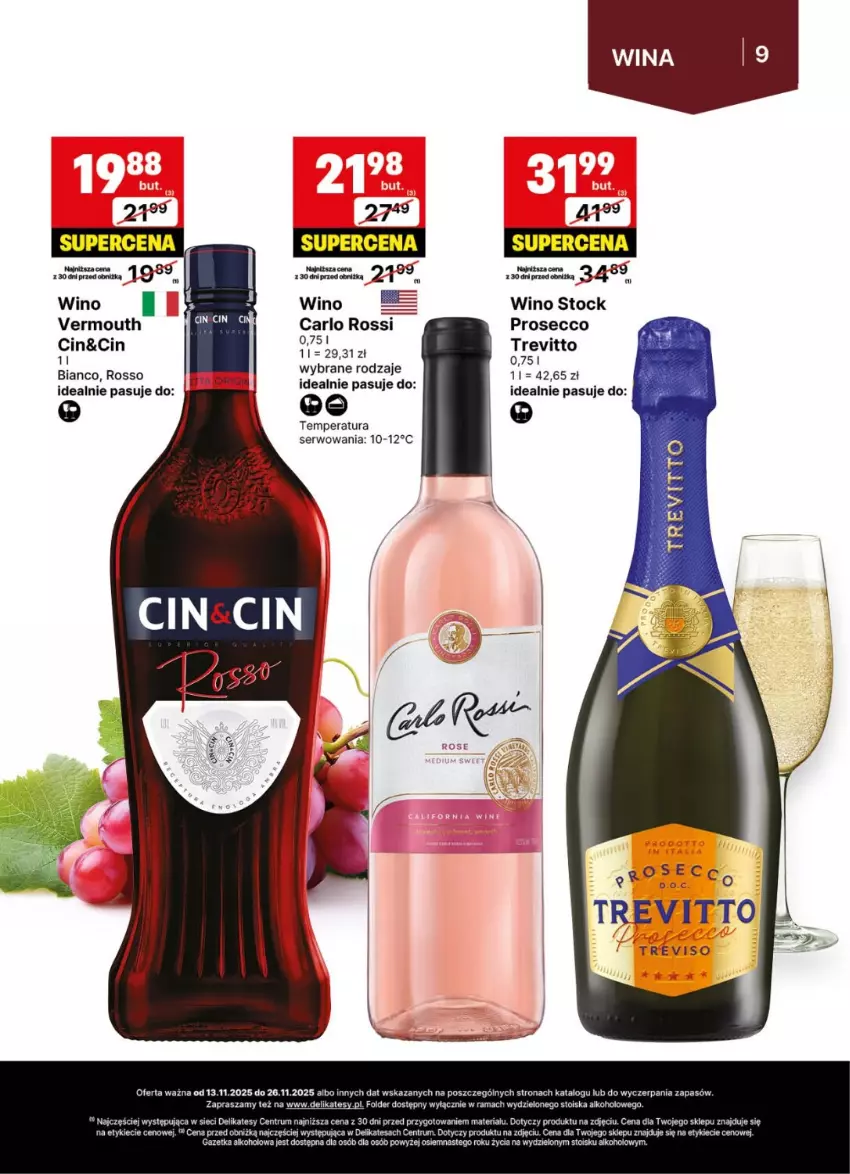 Gazetka promocyjna Delikatesy Centrum - Delibarek DC46-DC47 - ważna 13.11 do 26.11.2025 - strona 9 - produkty: Carlo Rossi, Prosecco, Rum, Ser, Stock, Vermouth, Wino