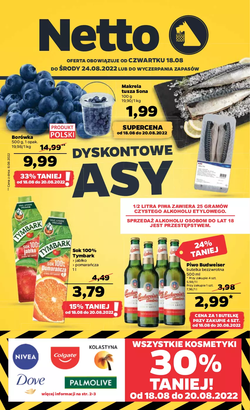 Gazetka promocyjna Netto - Artykuły spożywcze - ważna 18.08 do 24.08.2022 - strona 1 - produkty: Borówka, Gra, Piwa, Piwo, Ser, Sok, Tusz, Tymbark