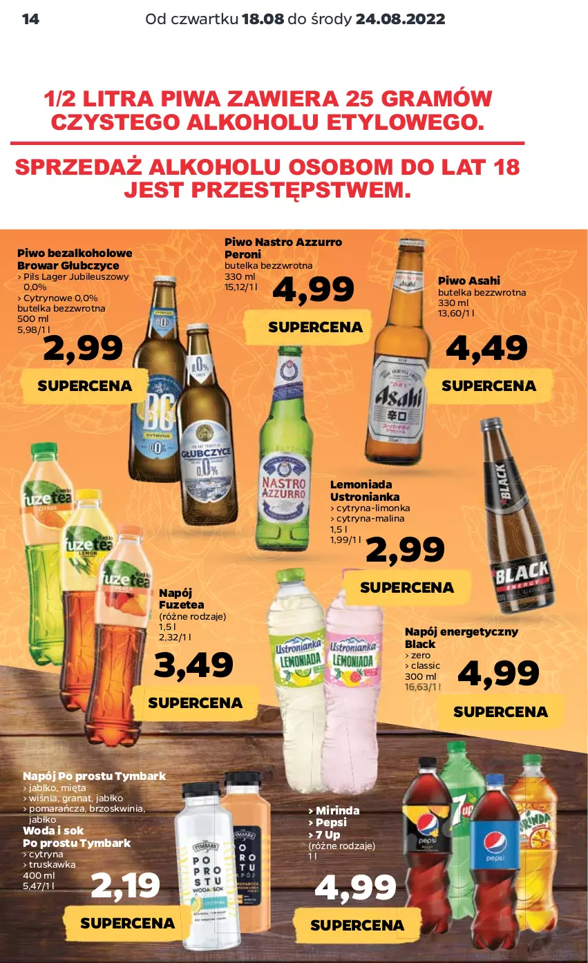 Gazetka promocyjna Netto - Artykuły spożywcze - ważna 18.08 do 24.08.2022 - strona 14 - produkty: Asahi, Gra, Granat, Lack, Lemoniada, Limonka, Mięta, Mirinda, Napój, Napój energetyczny, O nas, Pepsi, Piwa, Piwo, Sok, Tymbark, Woda