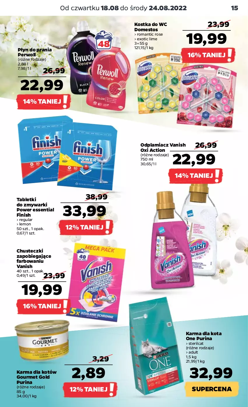 Gazetka promocyjna Netto - Artykuły spożywcze - ważna 18.08 do 24.08.2022 - strona 15 - produkty: Chusteczki, Domestos, Fa, Finish, Gourmet Gold, Kostka do wc, Odplamiacz, Perwoll, Płyn do prania, Pur, Purina, Tablet, Tabletki do zmywarki, Vanish, Zmywarki