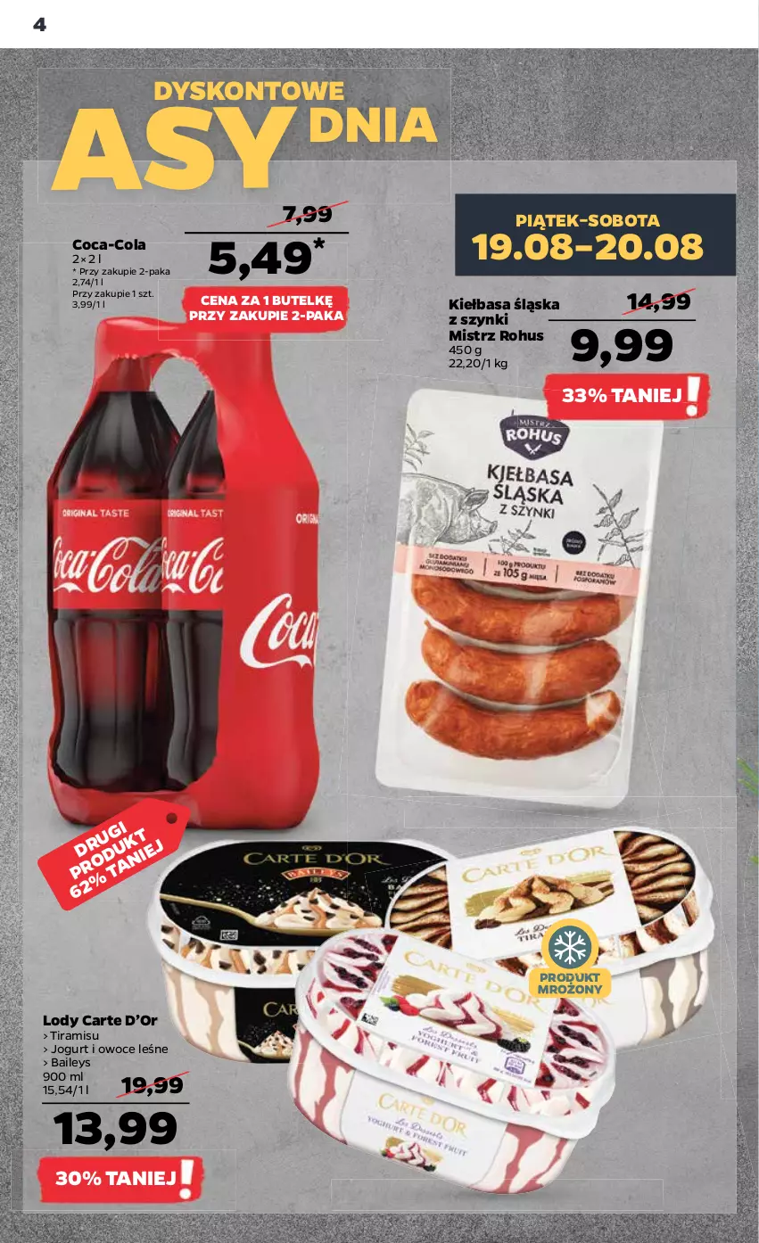 Gazetka promocyjna Netto - Artykuły spożywcze - ważna 18.08 do 24.08.2022 - strona 4 - produkty: Coca-Cola, Jogurt, Kiełbasa, Kiełbasa śląska, Lody, Owoce