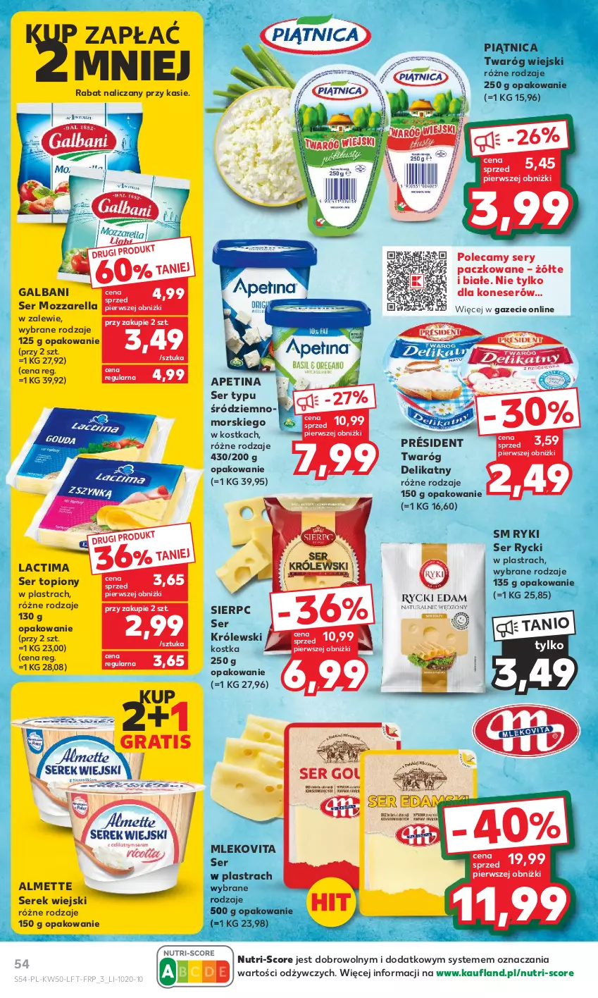 Gazetka promocyjna Kaufland - Gazetka tygodnia - ważna 14.12 do 19.12.2023 - strona 54 - produkty: Almette, Galbani, Gra, Królewski, Mleko, Mlekovita, Mozzarella, Piątnica, Président, Ser, Ser topiony, Serek, Serek wiejski, Top, Twaróg, Twaróg delikatny