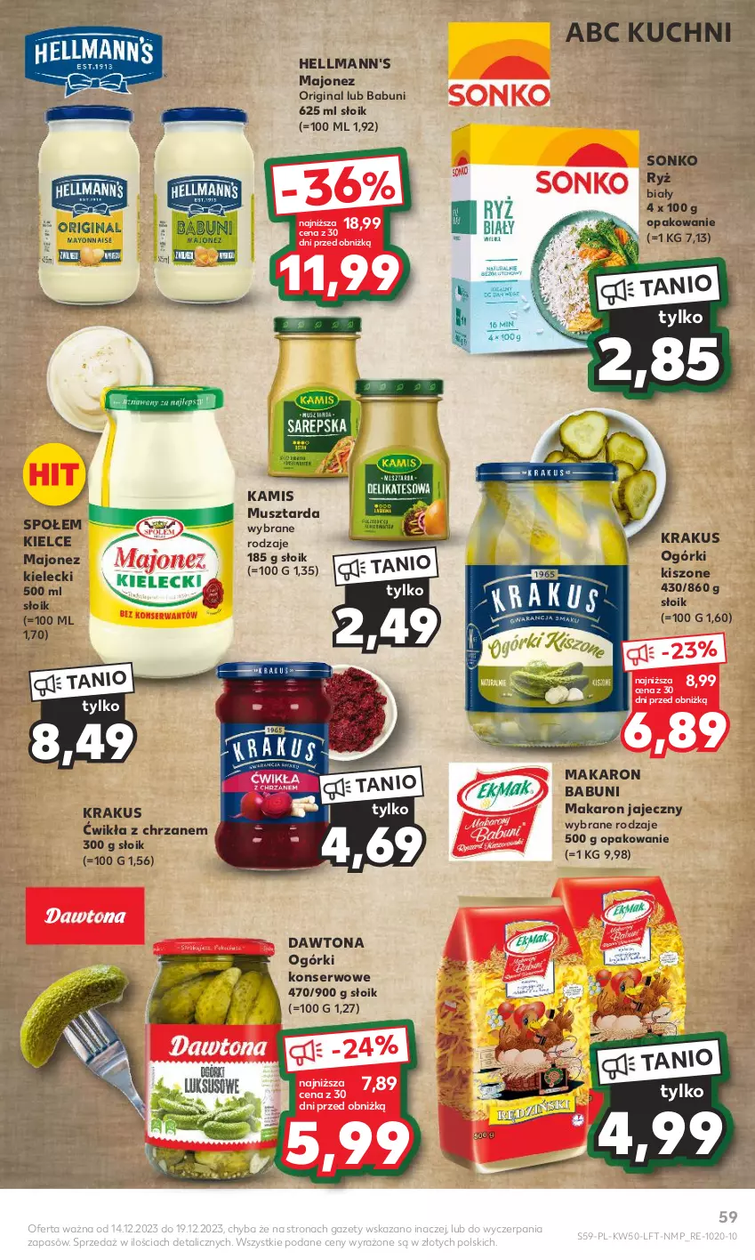 Gazetka promocyjna Kaufland - Gazetka tygodnia - ważna 14.12 do 19.12.2023 - strona 59 - produkty: Babuni, Chrzan, Dawtona, Gin, Kamis, Krakus, Majonez, Makaron, Makaron babuni, Mus, Musztarda, Ogórki konserwowe, Ryż, Ryż biały, Ser, Sonko