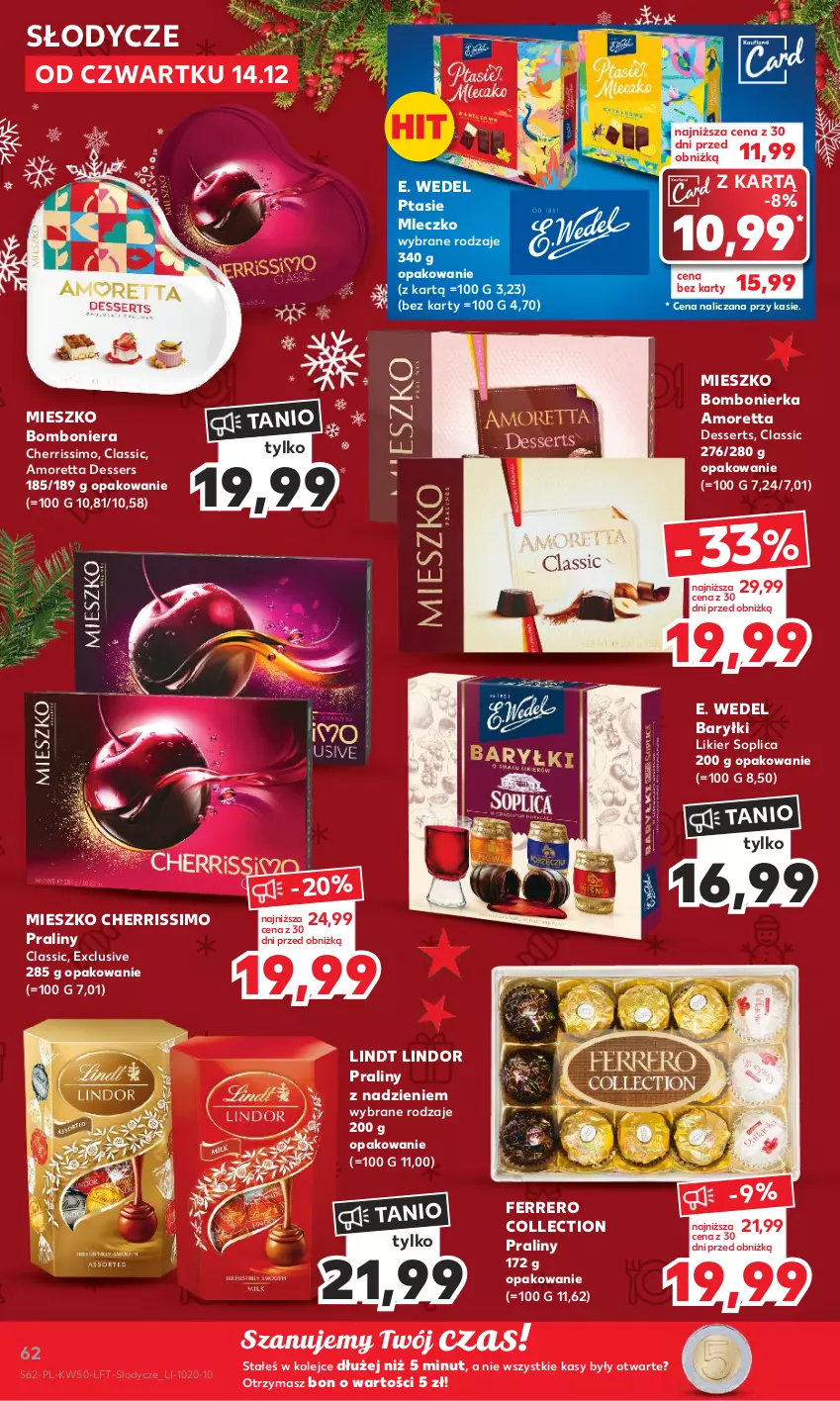 Gazetka promocyjna Kaufland - Gazetka tygodnia - ważna 14.12 do 19.12.2023 - strona 62 - produkty: Baryłki, Bomboniera, E. Wedel, Ferrero, Likier, Lindor, Lindt, Lody, Mleczko, Olej, Praliny, Ptasie mleczko, Ser, Soplica