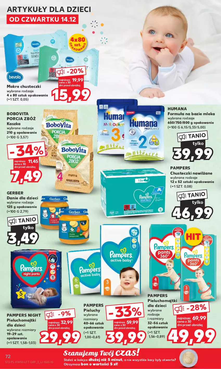 Gazetka promocyjna Kaufland - Gazetka tygodnia - ważna 14.12 do 19.12.2023 - strona 72 - produkty: BoboVita, Chusteczki, Danie dla dzieci, Dzieci, Gerber, Humana, Majtki, Olej, Pampers, Pieluchomajtki, Pieluchy, Por