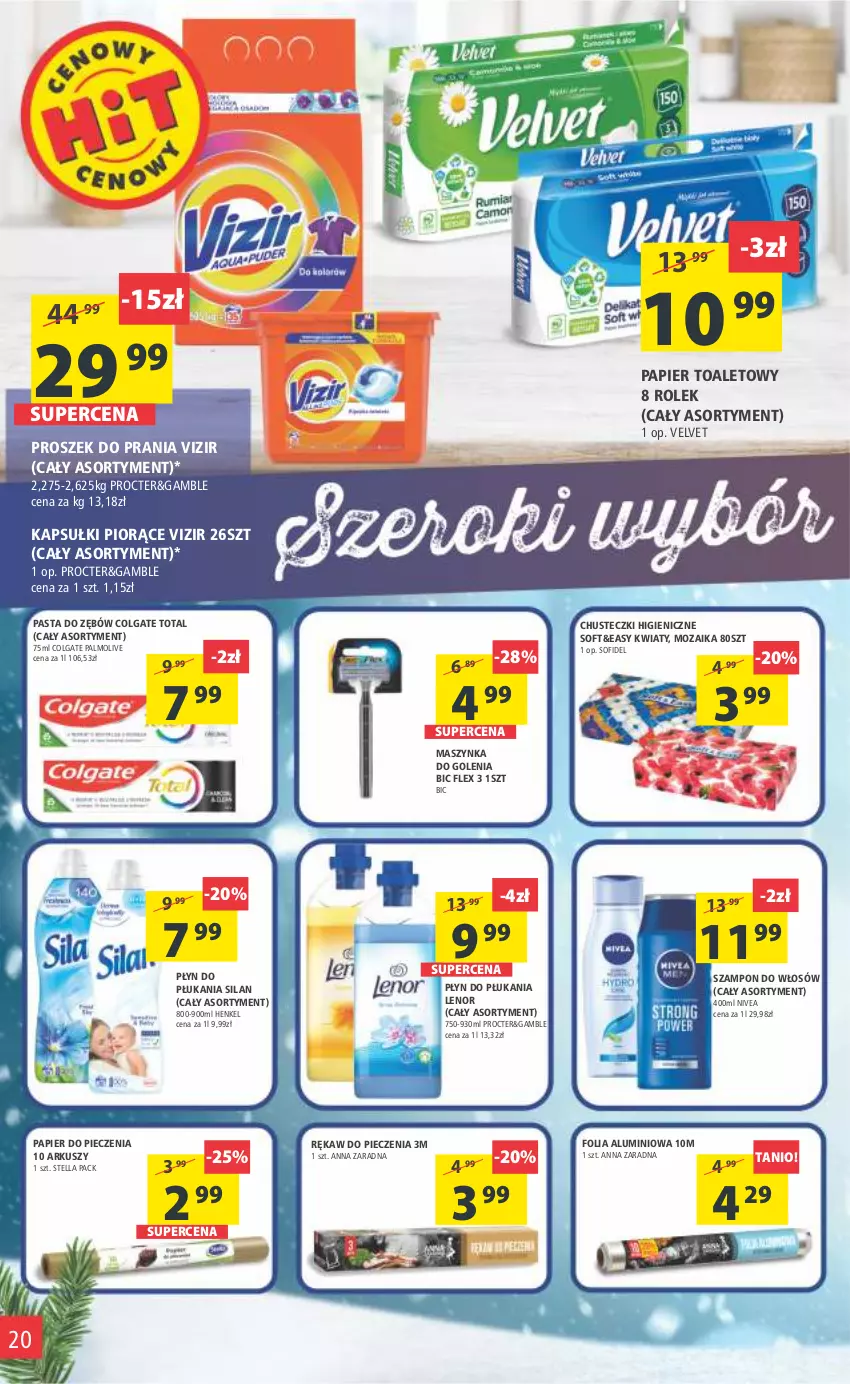 Gazetka promocyjna Arhelan - Gazetka - ważna 02.12 do 11.12.2022 - strona 20 - produkty: BIC, Chusteczki, Colgate, Colgate Total, Folia aluminiowa, Lenor, LG, Maszynka, Maszynka do golenia, Nivea, Palmolive, Papier, Papier do pieczenia, Papier toaletowy, Pasta do zębów, Piec, Płyn do płukania, Proszek do prania, Rękaw do pieczenia, Silan, Szampon, Szynka, Velvet, Vizir