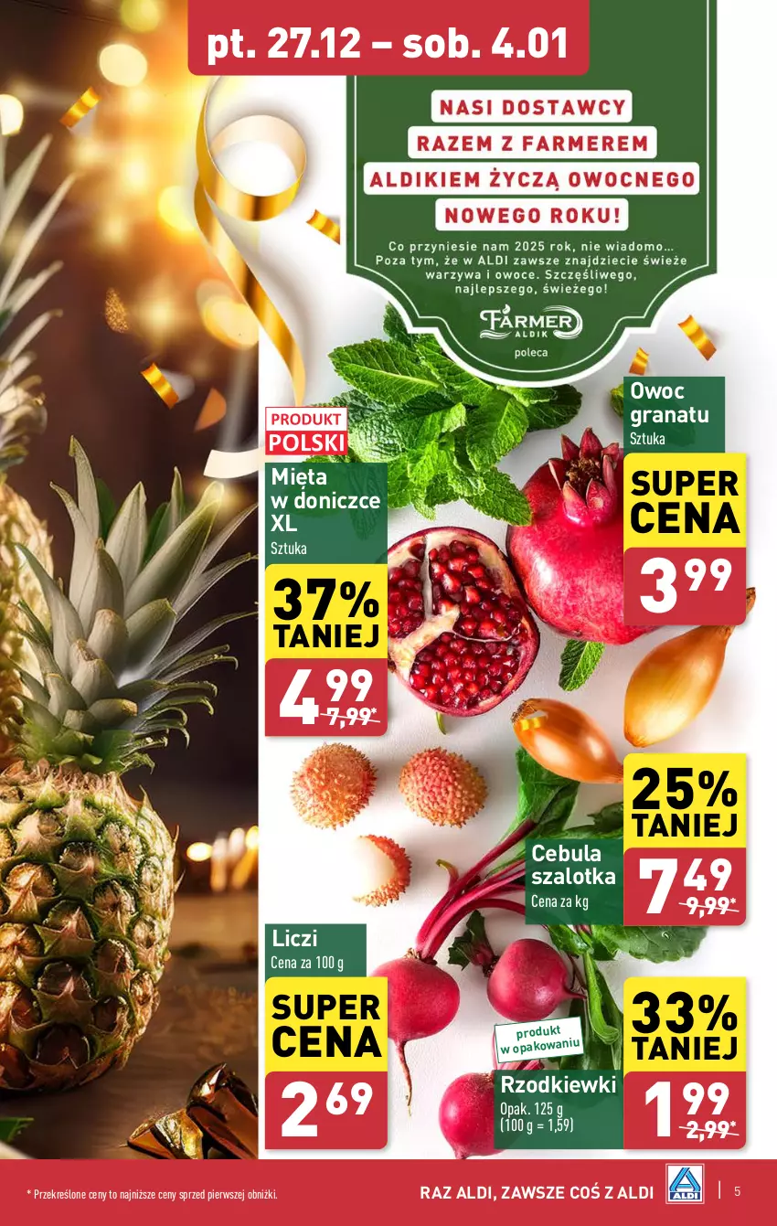 Gazetka promocyjna Aldi - Farmer ALDIK poleca świeże owoce i warzywa - ważna 27.12.2024 do 04.01.2025 - strona 5 - produkty: Cebula, Cebula szalotka, Gra, Granat, Liczi, Mięta, Szal