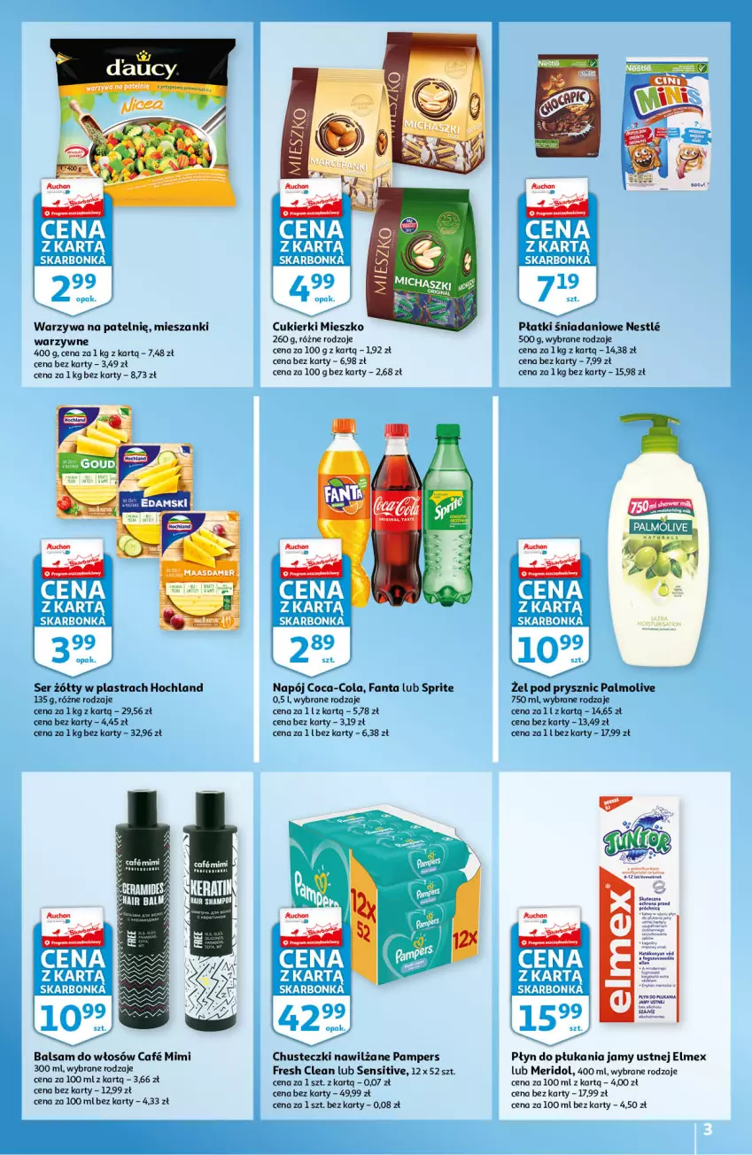 Gazetka promocyjna Auchan - Skarbonka #10 - ważna 10.03 do 16.03.2022 - strona 3 - produkty: Chusteczki, Coca-Cola, Cukier, Cukierki, Danio, Elmex, Fa, Fanta, Hochland, Napój, Palmolive, Pampers, Płyn do płukania, Płyn do płukania jamy ustnej, Ser, Sprite, Warzywa