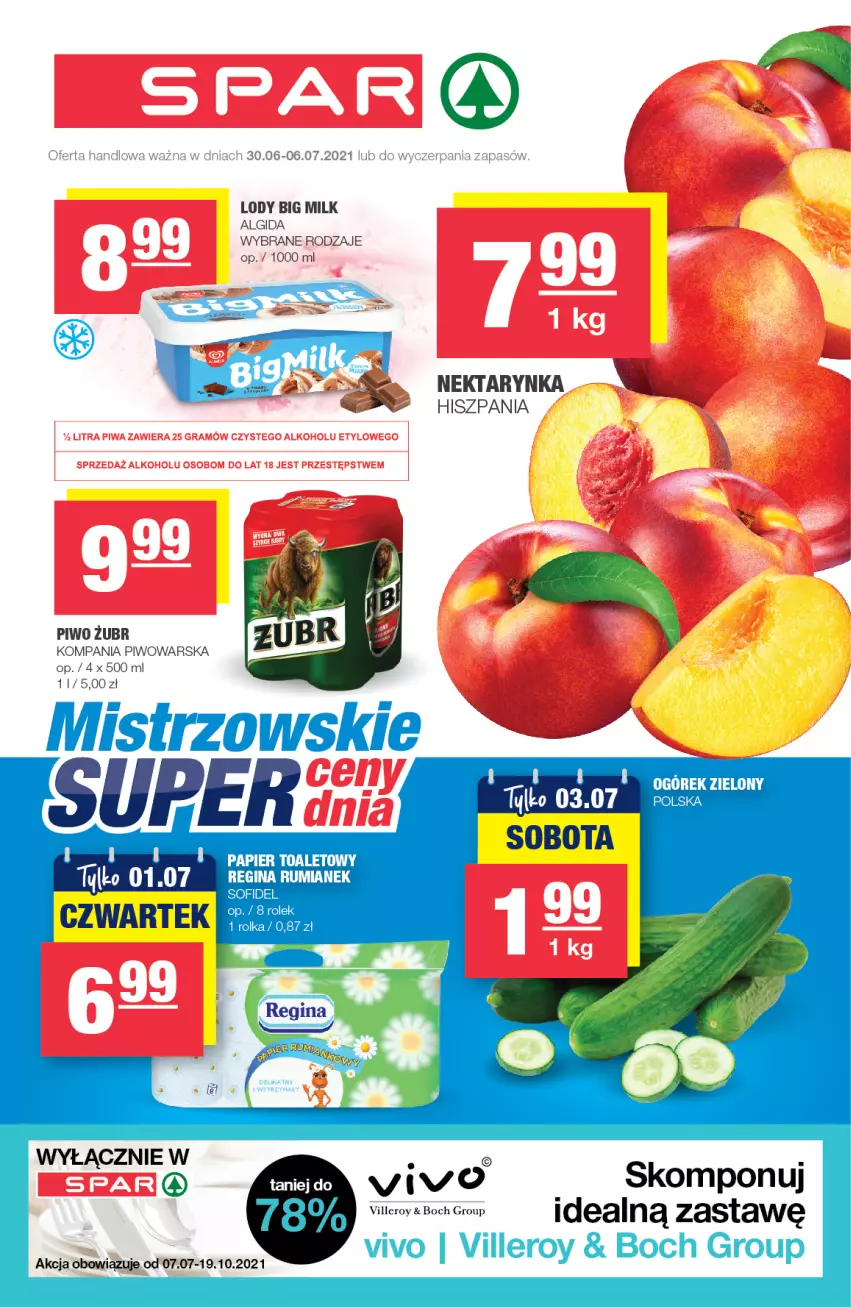 Gazetka promocyjna Spar - Express - ważna 30.06 do 06.07.2021 - strona 1 - produkty: Algida, Big Milk, Gin, LG, Lody, Nektar, Nektarynka, Papier, Papier toaletowy, Piwo, Rum