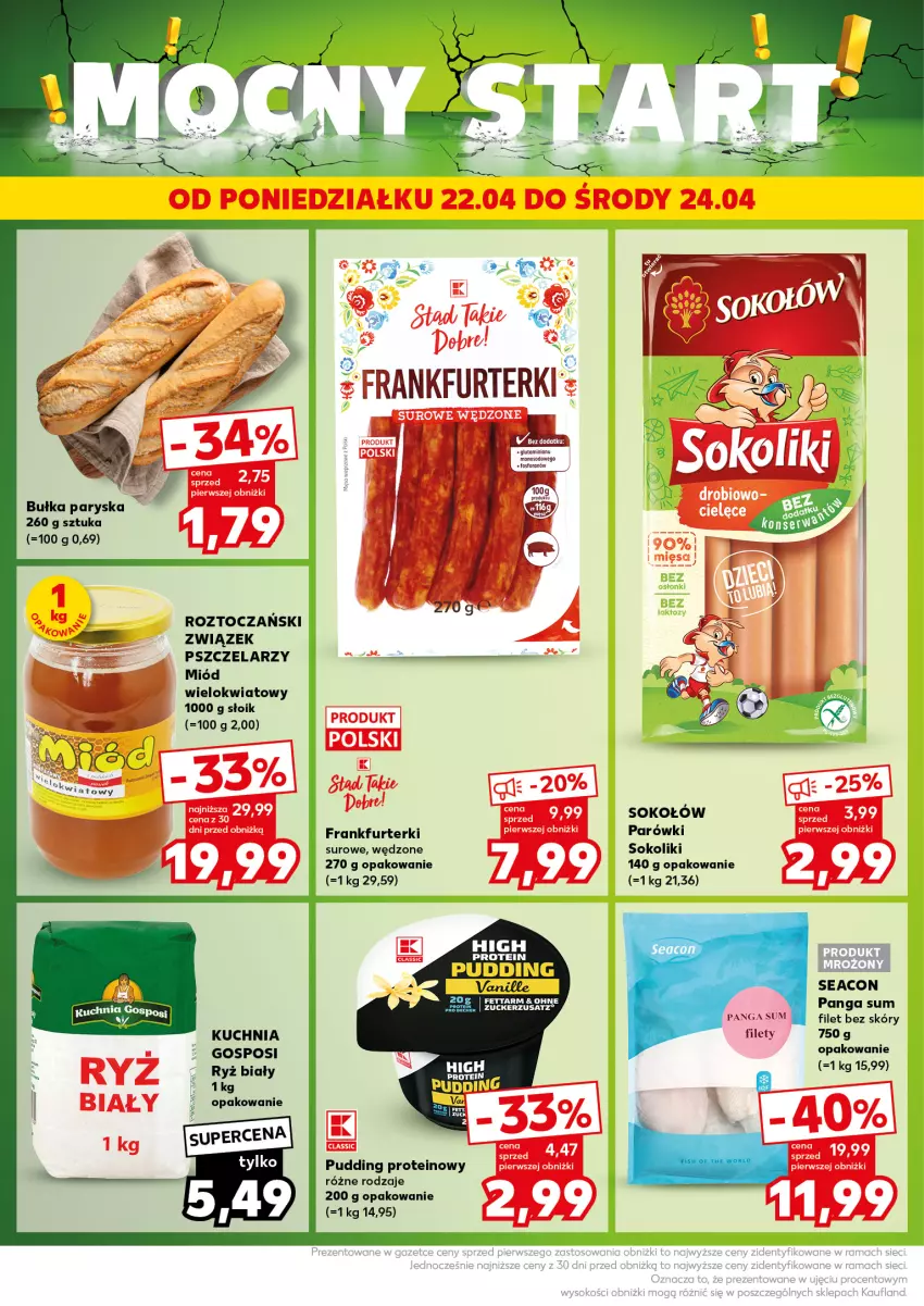 Gazetka promocyjna Kaufland - Kaufland - ważna 22.04 do 24.04.2024 - strona 4 - produkty: Bułka, Frankfurterki, Kuchnia, Miód, Panga, Parówki, Pudding, Ryż, Ryż biały, Ser, Sok, Sokołów