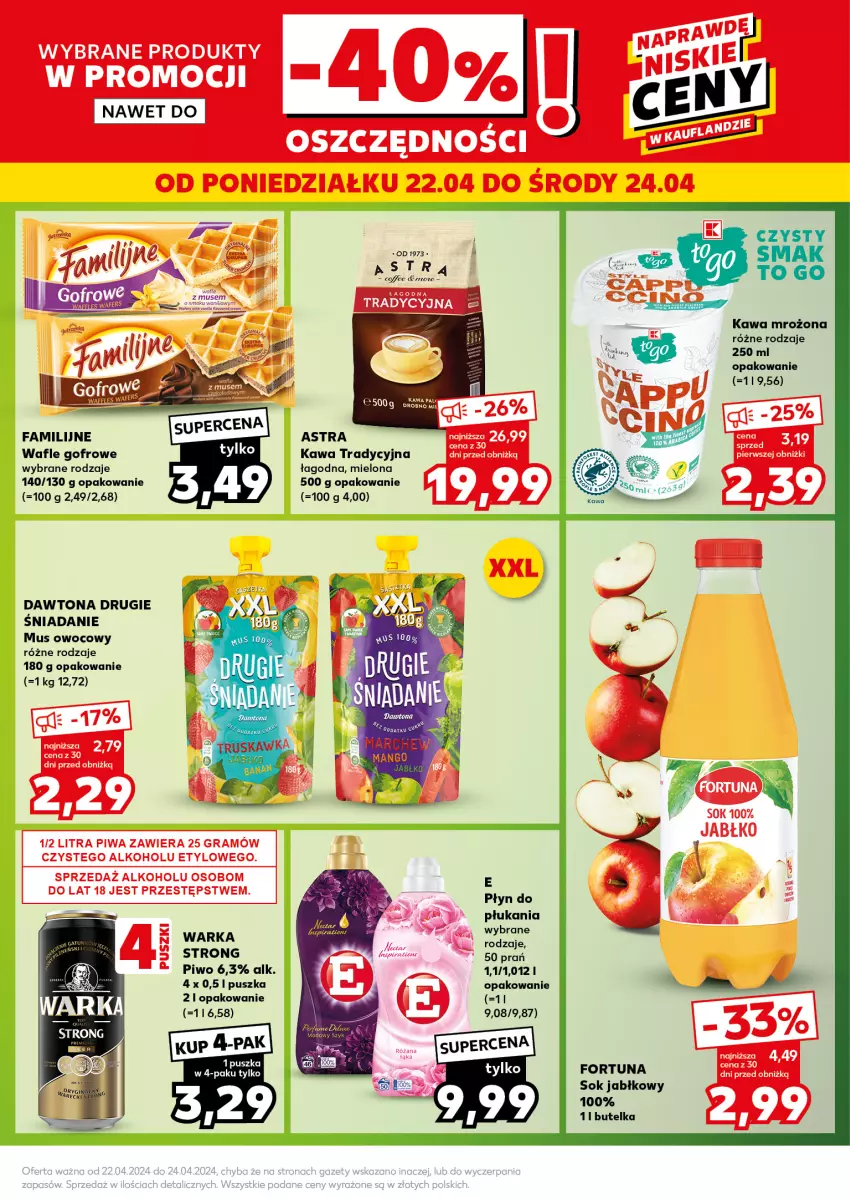 Gazetka promocyjna Kaufland - Kaufland - ważna 22.04 do 24.04.2024 - strona 5 - produkty: Dawtona, Fa, Fortuna, Kawa, Mus, Piwo, Płyn do płukania, Sok, Sok jabłkowy, Wafle, Warka