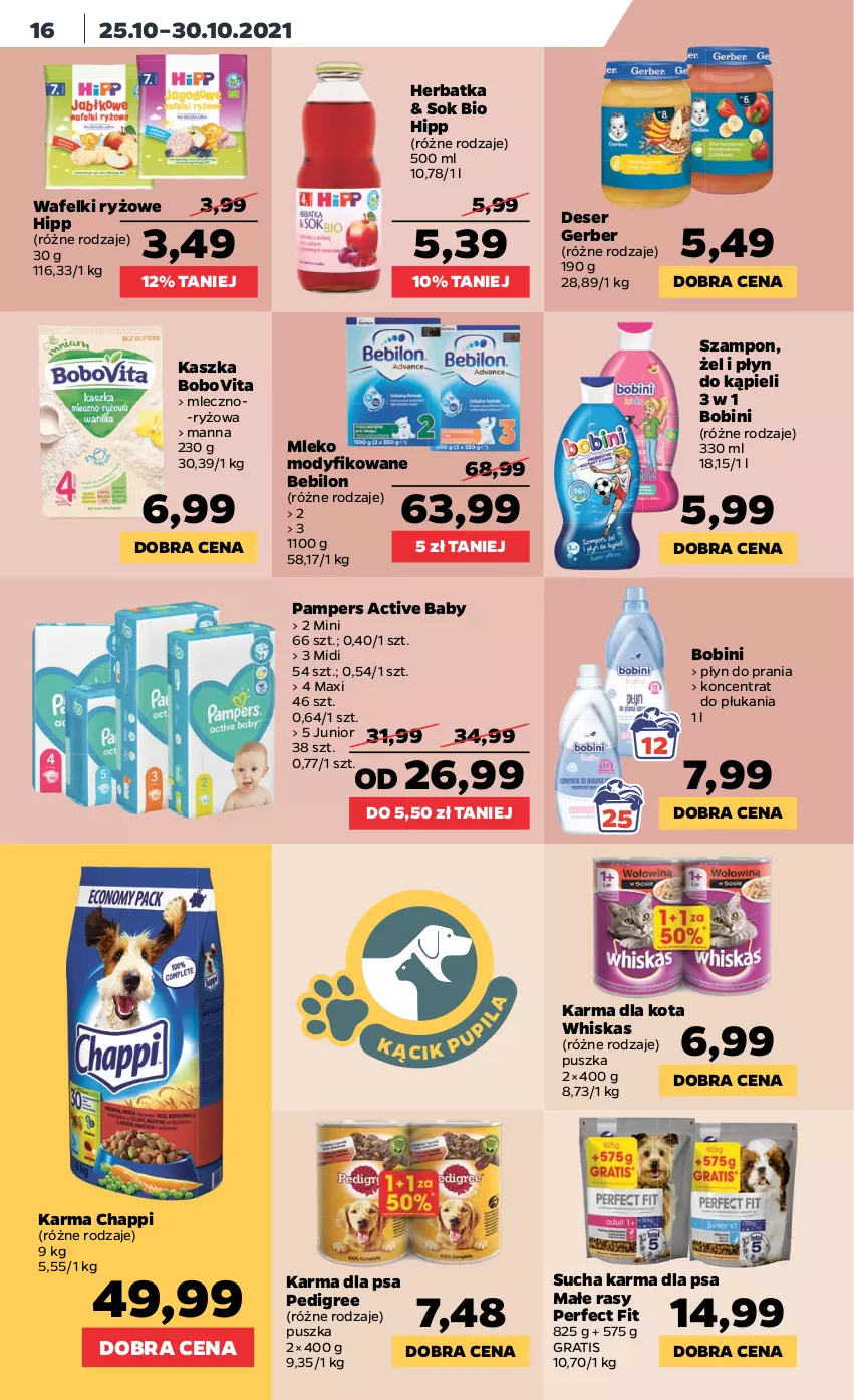 Gazetka promocyjna Netto - Gazetka spożywcza - ważna 25.10 do 30.10.2021 - strona 16 - produkty: BoboVita, Chappi, Deser, Gerber, Gra, HiPP, Mleko, Mleko modyfikowane, Pampers, Pedigree, Płyn do kąpieli, Płyn do prania, Ryż, Ser, Sok, Sucha karma, Szampon, Whiskas