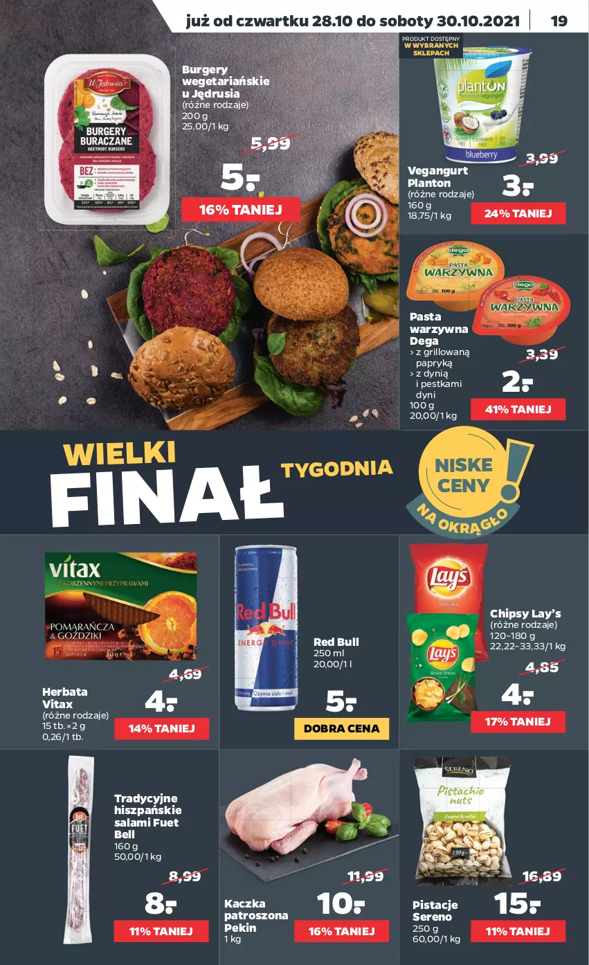 Gazetka promocyjna Netto - Gazetka spożywcza - ważna 25.10 do 30.10.2021 - strona 19 - produkty: Bell, Burger, Chipsy, Dega, Dynią, Grill, Herbata, Kaczka, Lay’s, Pasta warzywna, Pistacje, Red Bull, Salami, Ser, Vegangurt, Vitax