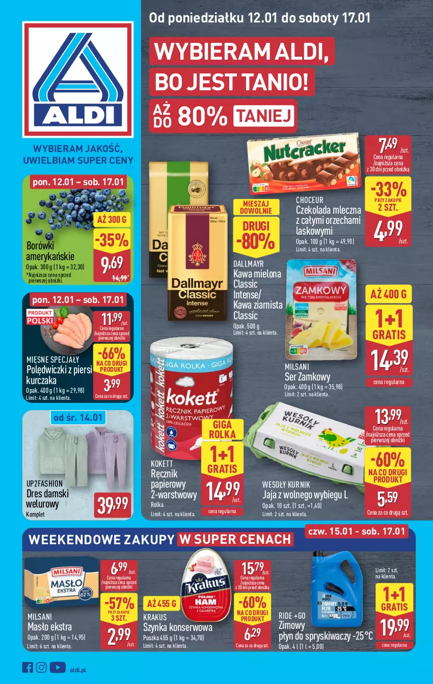 Gazetka promocyjna Aldi - Pełna oferta - ważna 12.11.2026 do 17.01.2027 - strona 1 - produkty: Czekolada, Czekolada mleczna, Dallmayr, Dres, Fa, Gra, Jaja, Jaja z wolnego wybiegu, Kawa, Kawa mielona, Kawa ziarnista, Krakus, Kurczak, Masło, Mięsne specjały, Papier, Płyn do spryskiwaczy, Ręcznik, Ser, Szynka, Szynka konserwowa