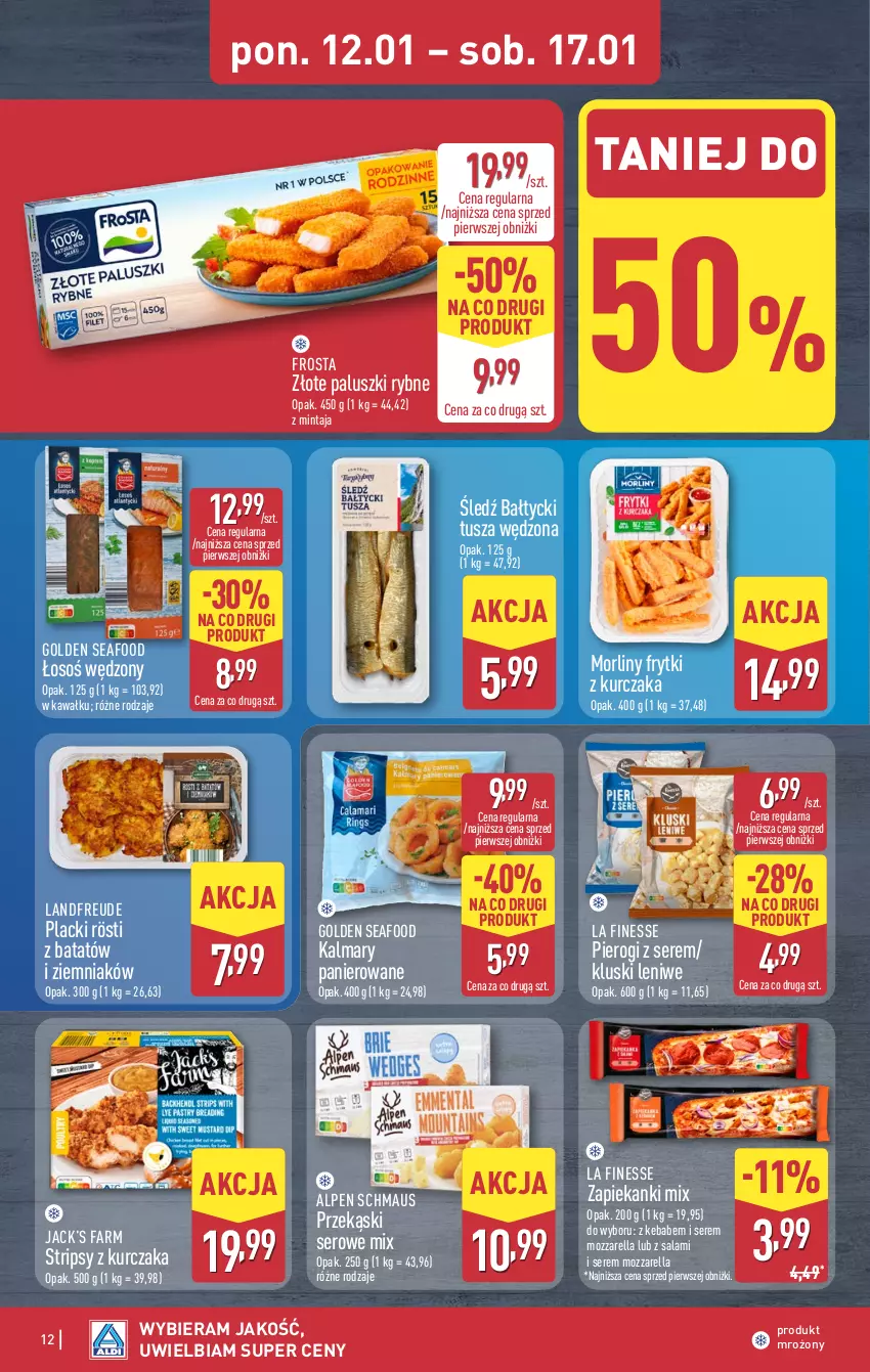 Gazetka promocyjna Aldi - Pełna oferta - ważna 12.11.2026 do 17.01.2027 - strona 12 - produkty: Fa, Frosta, Frytki, Golden Seafood, Kalmar, Kalmary, Kawa, Kebab, Kurczak, Lack, Mintaj, Morliny, Mozzarella, Paluszki rybne, Pierogi, Salami, Ser, Tusz