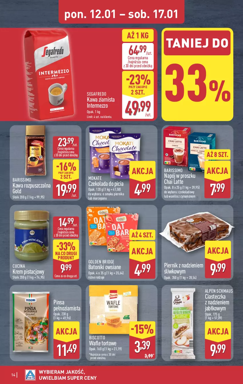 Gazetka promocyjna Aldi - Pełna oferta - ważna 12.11.2026 do 17.01.2027 - strona 14 - produkty: Baton, Czekolada, Kawa, Kawa rozpuszczalna, Kawa ziarnista, Krem pistacjowy, Napój, Piernik, Segafredo, Tonik, Wafle, Wafle tortowe
