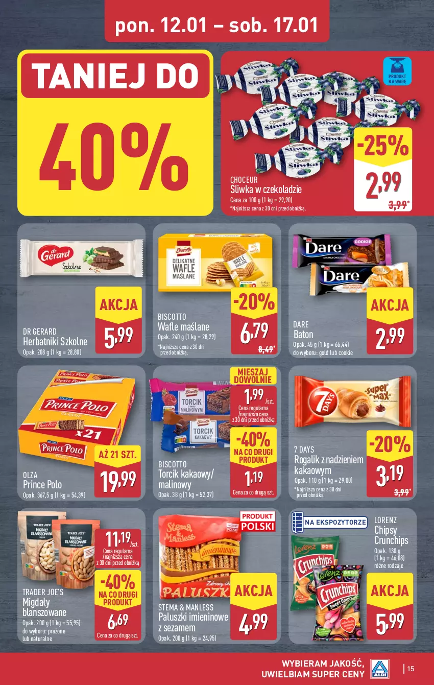 Gazetka promocyjna Aldi - Pełna oferta - ważna 12.11.2026 do 17.01.2027 - strona 15 - produkty: 7 Days, Baton, Chipsy, Crunchips, Dr Gerard, Herbatniki, Kakao, Lorenz, Migdały, Prince Polo, Rogal, Sezam, Wafle