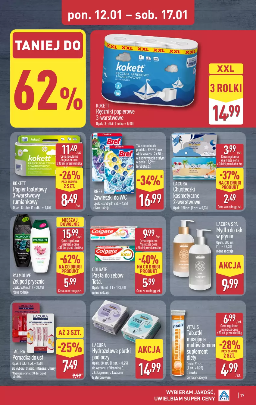 Gazetka promocyjna Aldi - Pełna oferta - ważna 12.11.2026 do 17.01.2027 - strona 17 - produkty: Bref, Chusteczki, Chusteczki kosmetyczne, Colgate, Hydrożelowe płatki pod oczy, Kolagen, LG, Mus, Mydło, Palmolive, Papier, Papier toaletowy, Pasta do zębów, Ręcznik, Ręczniki papierowe, Rolki, Rum, Suplement diety, Tablet, Tabletki musujące, Zawieszki