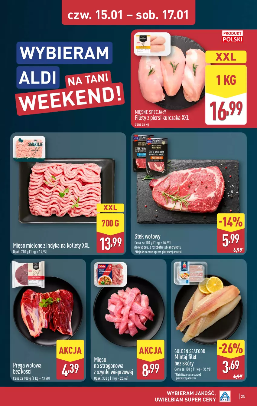Gazetka promocyjna Aldi - Pełna oferta - ważna 12.11.2026 do 17.01.2027 - strona 25 - produkty: Golden Seafood, Kotlet, Kurczak, Mięsne specjały, Mięso, Mięso mielone, Mintaj, Pręga wołowa, Rostbef, Stek, Stek wołowy