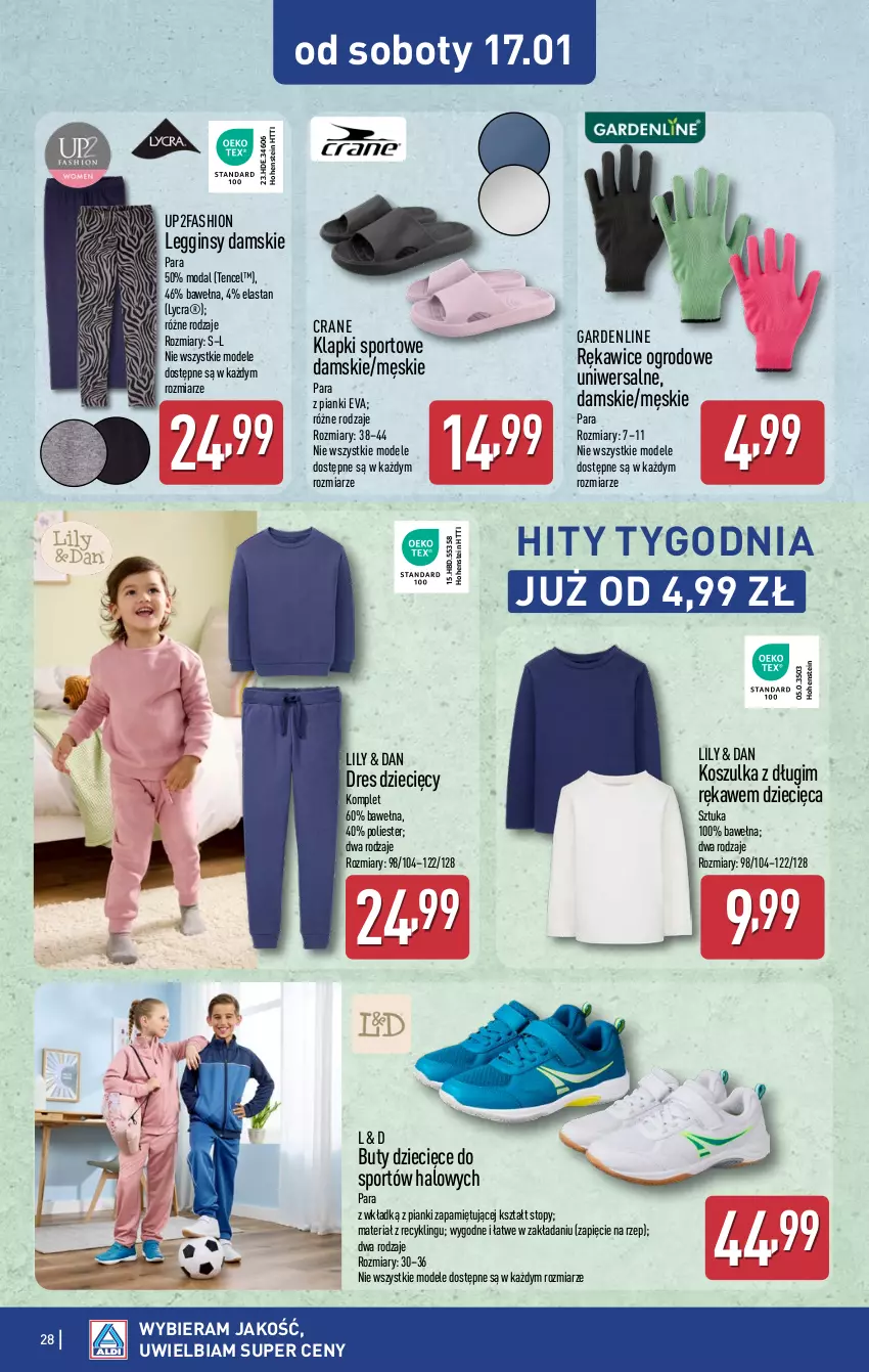 Gazetka promocyjna Aldi - Pełna oferta - ważna 12.11.2026 do 17.01.2027 - strona 28 - produkty: Buty, Dres, Dzieci, Fa, Gin, Halo, Klapki, Kosz, Koszulka, Legginsy, Moda, Por, Rękawice, Sport, Top, Wełna