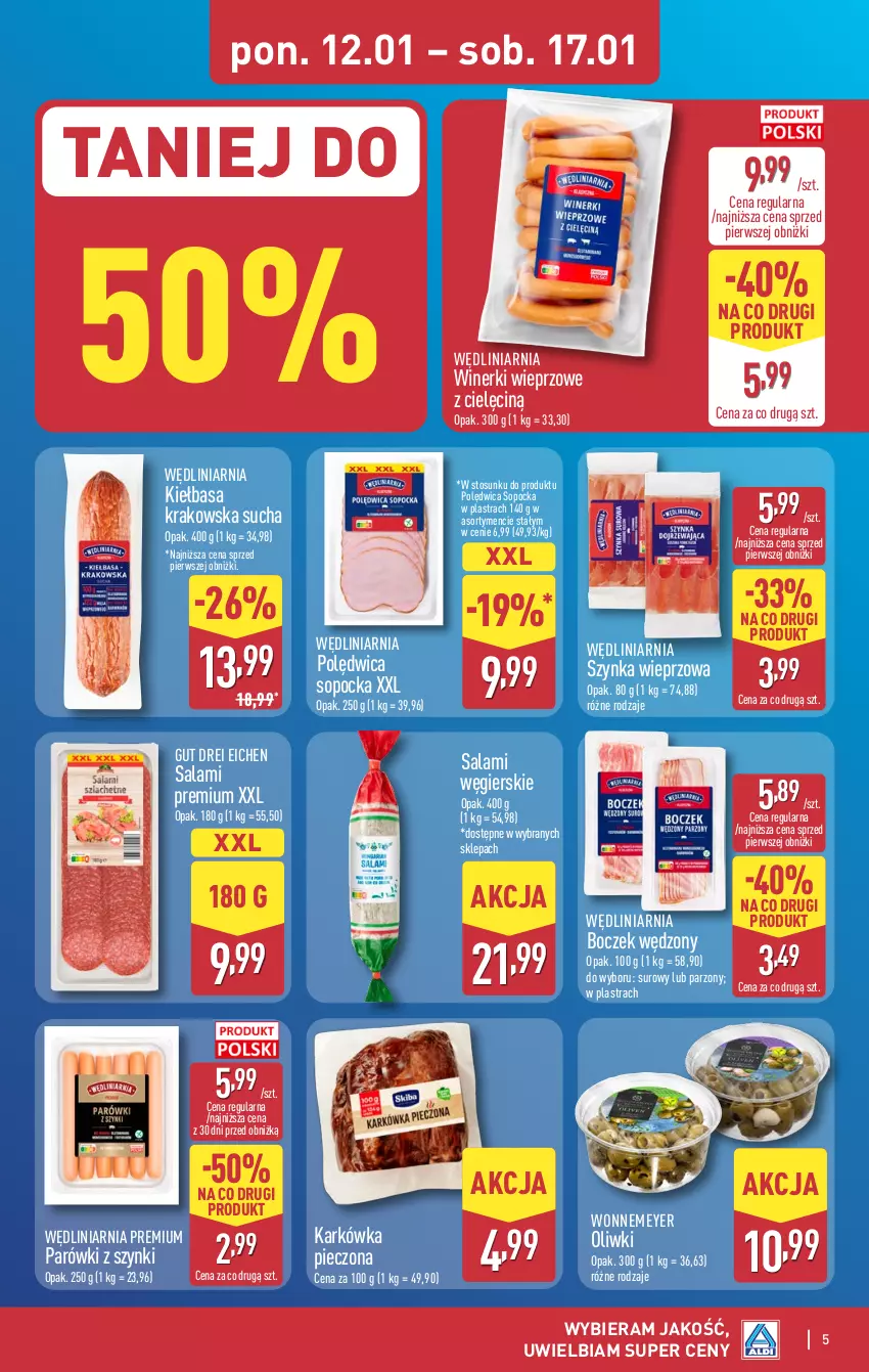 Gazetka promocyjna Aldi - Pełna oferta - ważna 12.11.2026 do 17.01.2027 - strona 5 - produkty: Boczek, Kiełbasa, Kiełbasa krakowska, Oliwki, Parówki, Parówki z szynki, Piec, Polędwica, Salami, Szynka, Szynka wieprzowa
