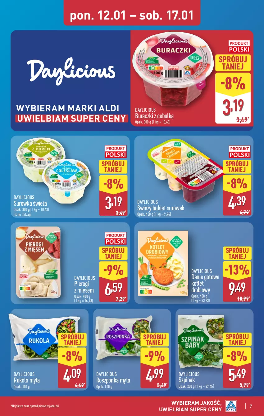 Gazetka promocyjna Aldi - Pełna oferta - ważna 12.11.2026 do 17.01.2027 - strona 7 - produkty: Bukiet, Buraczki, Danie gotowe, Kotlet, Pierogi, Roszponka, Rukola, Surówka, Szpinak