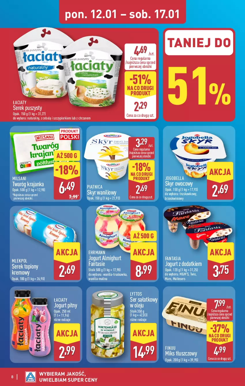 Gazetka promocyjna Aldi - Pełna oferta - ważna 12.11.2026 do 17.01.2027 - strona 8 - produkty: Bell, Bella, Chrzan, Fa, Fanta, Finuu, Jogobella, Jogurt, Jogurt pitny, Mars, Miks tłuszczowy, Olej, Piątnica, Sałat, Ser, Serek, Serek puszysty, Top, Twaróg, Twix