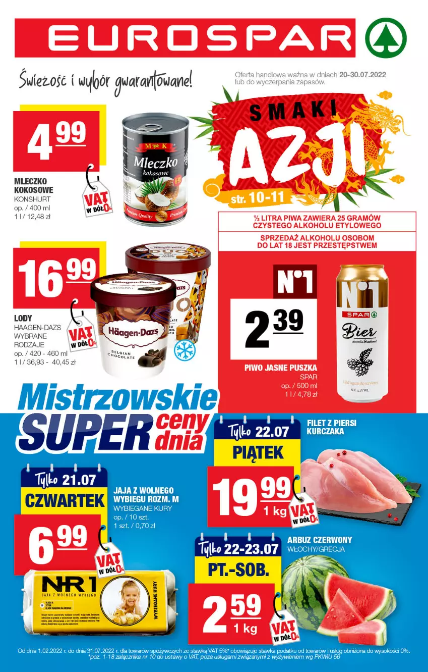 Gazetka promocyjna Spar - EuroSpar - ważna 17.07 do 27.07.2022 - strona 1 - produkty: Filet z piersi kurczaka, Jaja, Jaja z wolnego wybiegu, Kokos, Kurczak, Lody, Mleczko, Sok