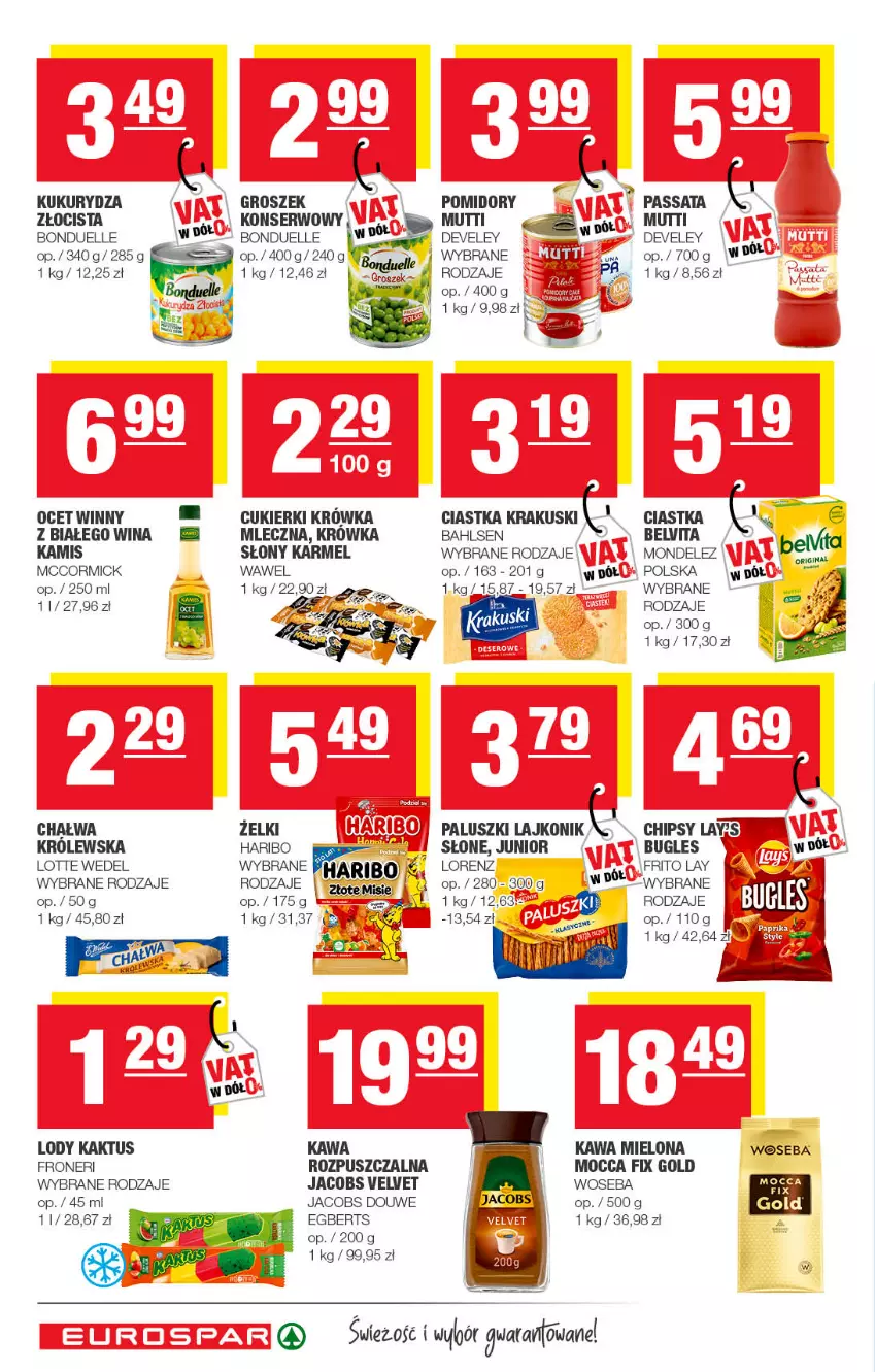 Gazetka promocyjna Spar - EuroSpar - ważna 17.07 do 27.07.2022 - strona 8 - produkty: BelVita, Bonduelle, Chałwa, Chipsy, Ciastka, Cukier, Cukierki, Fa, Groszek, Haribo, Jacobs, Jacobs Velvet, Kaktus, Kamis, Kawa, Kawa mielona, Krakus, Krakuski, Kukurydza, Lajkonik, LG, Lody, Lorenz, Mocca Fix Gold, Ocet, Pomidory, Ser, Velvet, Wawel, Woseba