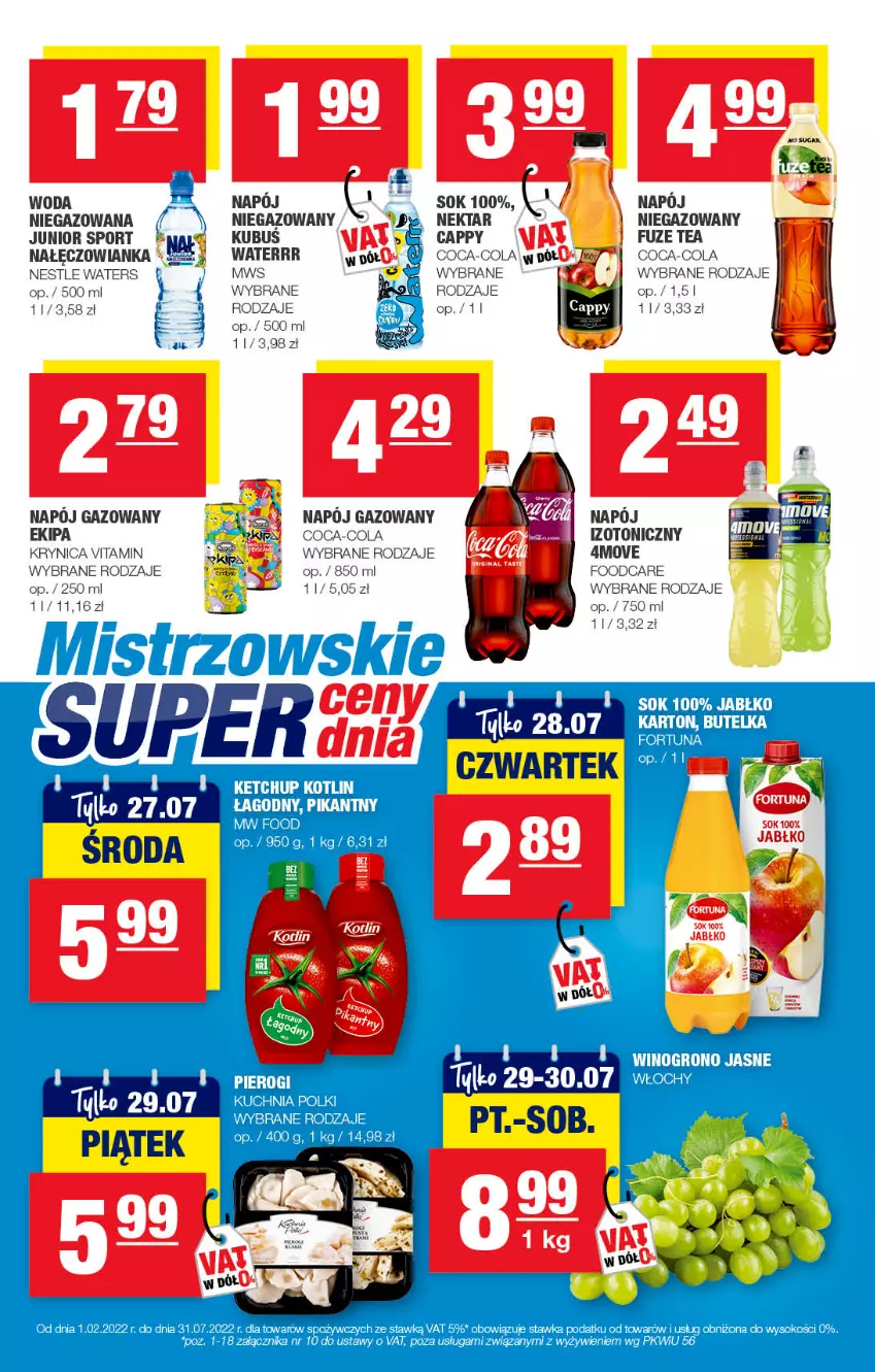 Gazetka promocyjna Spar - EuroSpar - ważna 17.07 do 27.07.2022 - strona 9 - produkty: Cappy, Coca-Cola, Fortuna, Ketchup, Kotlin, Kubuś, Kuchnia, Nałęczowianka, Napój, Napój gazowany, Nektar, Pierogi, Por, Sok, Sport, Wino, Woda