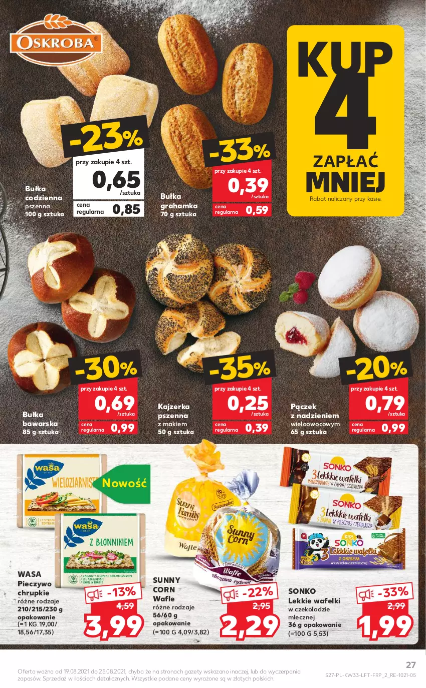 Gazetka promocyjna Kaufland - OFERTA TYGODNIA - ważna 19.08 do 25.08.2021 - strona 27 - produkty: Bułka, Bułka grahamka, Chrupki, Gra, Kajzerka, Kajzerka pszenna, Pączek, Piec, Pieczywo, Pieczywo chrupkie, Sonko, Wafle, Wasa