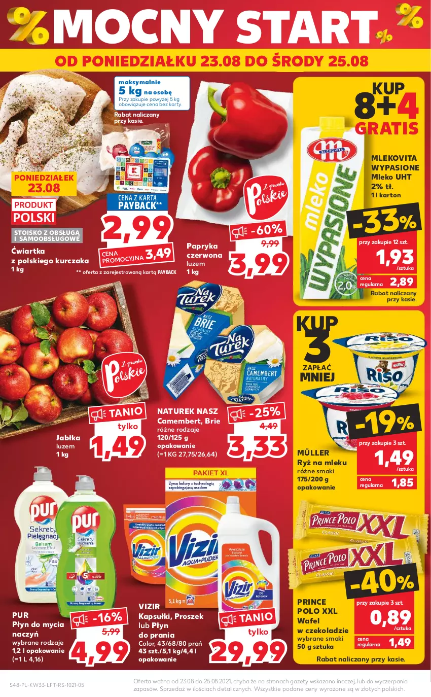 Gazetka promocyjna Kaufland - OFERTA TYGODNIA - ważna 19.08 do 25.08.2021 - strona 48 - produkty: Brie, Camembert, Do mycia naczyń, Gra, Jabłka, Kurczak, Mleko, Mlekovita, Müller, NaTurek, Papryka, Papryka czerwona, Płyn do mycia, Płyn do mycia naczyń, Płyn do prania, Prince Polo, Pur, Ryż, Ryż na mleku, Vizir