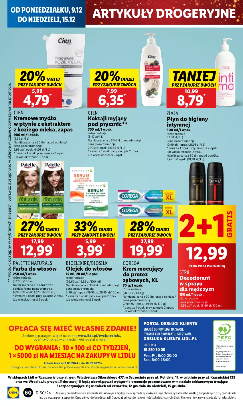 Gazetka promocyjna Lidl - GAZETKA - ważna 09.12 do 11.12.2024 - strona 66 - produkty: Corega, Dezodorant, Fa, Farba do włosów, Gra, Mola, Mydło, Mydło w płynie, Olej, Palette, Płyn do higieny intymnej, Str8, Ziaja