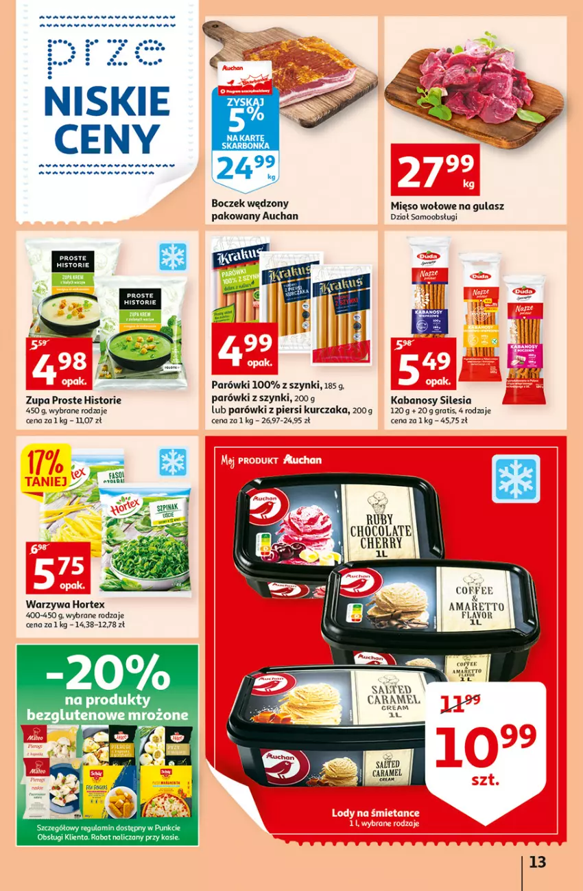 Gazetka promocyjna Auchan - Gazetka przeNISKIE CENY – Przekorzyści cenowe Hipermarkety - ważna 22.09 do 28.09.2022 - strona 13 - produkty: Boczek, Gra, Hortex, Kabanos, Kurczak, LG, Mięso, Mięso wołowe, Parówki, Parówki z piersi kurczaka, Parówki z szynki, Ryż, Sante, Warzywa, Zupa