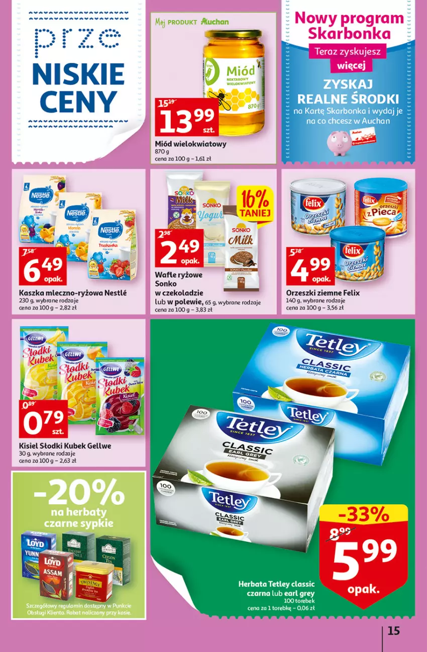 Gazetka promocyjna Auchan - Gazetka przeNISKIE CENY – Przekorzyści cenowe Hipermarkety - ważna 22.09 do 28.09.2022 - strona 15 - produkty: Felix, Herbata, Kisiel, Kubek, Miód, Orzeszki, Orzeszki ziemne, Ryż, Sonko, Tetley, Wafle