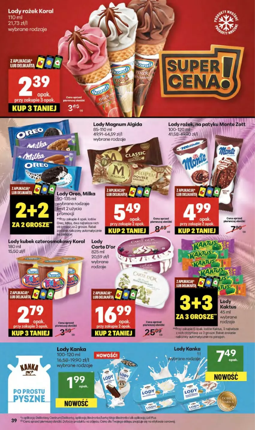 Gazetka promocyjna Delikatesy Centrum - Franczyza DC37 Czwartek - ważna 11.09 do 17.09.2025 - strona 39 - produkty: Algida, Carte d'Or, Dron, Kaktus, Kubek, LG, Lody, Milka, Monte, Oreo, Rum, Zott