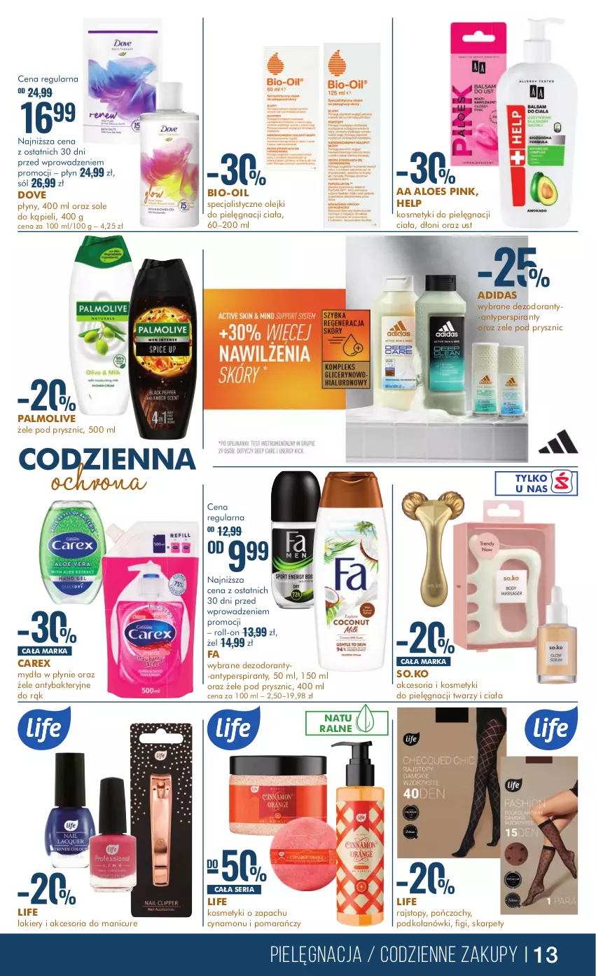 Gazetka promocyjna Super Pharm - Gazetka - ważna 15.02 do 28.02.2024 - strona 13 - produkty: Adidas, Antyperspirant, Bio-Oil, Dezodorant, Dove, Fa, Karp, Kosmetyki do pielęgnacji, Lakier, Olej, Palmolive, Pończochy, Rajstopy, Ser, Sól, Top