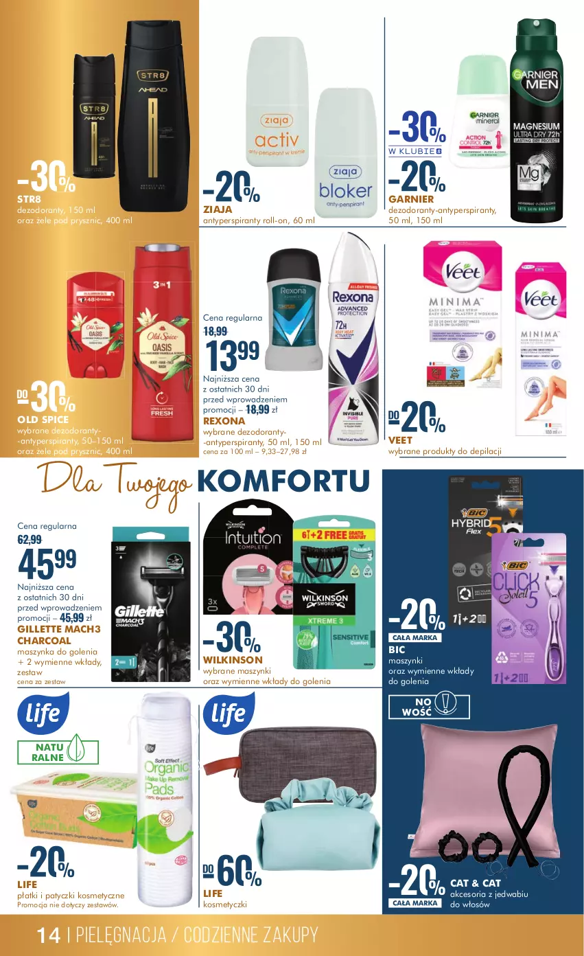 Gazetka promocyjna Super Pharm - Gazetka - ważna 15.02 do 28.02.2024 - strona 14 - produkty: Antyperspirant, BIC, Dezodorant, Garnier, Gillette, Mach3, Maszynka, Maszynka do golenia, Old Spice, Patyczki kosmetyczne, Rexona, Str8, Szynka, Veet, Ziaja