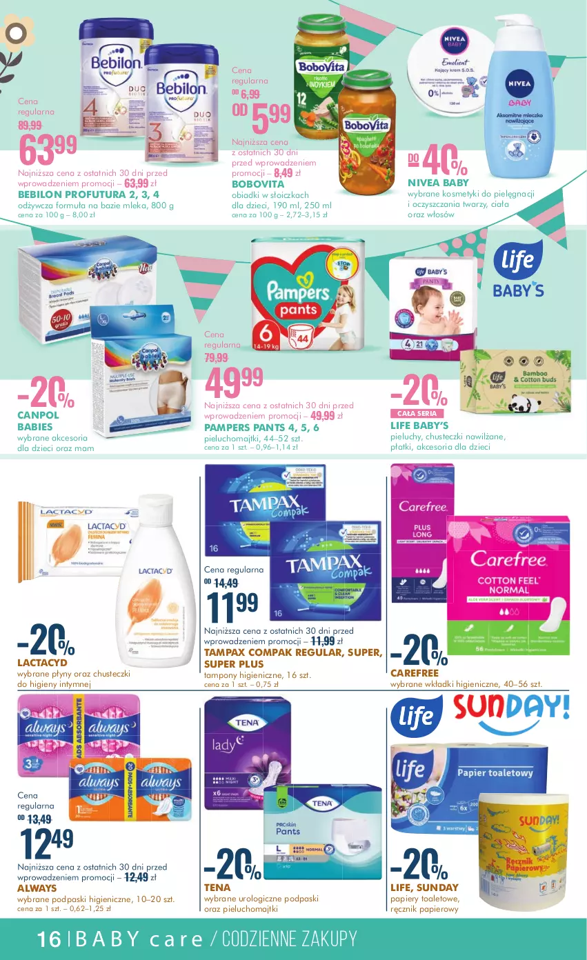 Gazetka promocyjna Super Pharm - Gazetka - ważna 15.02 do 28.02.2024 - strona 16 - produkty: Always, BEBILON, BoboVita, Canpol, Carefree, Chusteczki, Chusteczki do higieny, Dzieci, Kosmetyki do pielęgnacji, Lactacyd, Majtki, Nivea, Nivea Baby, Pampers, Papier, Pax, Pieluchomajtki, Pieluchy, Podpaski, Ręcznik, Ser, Tampax, Tampony, Wkładki