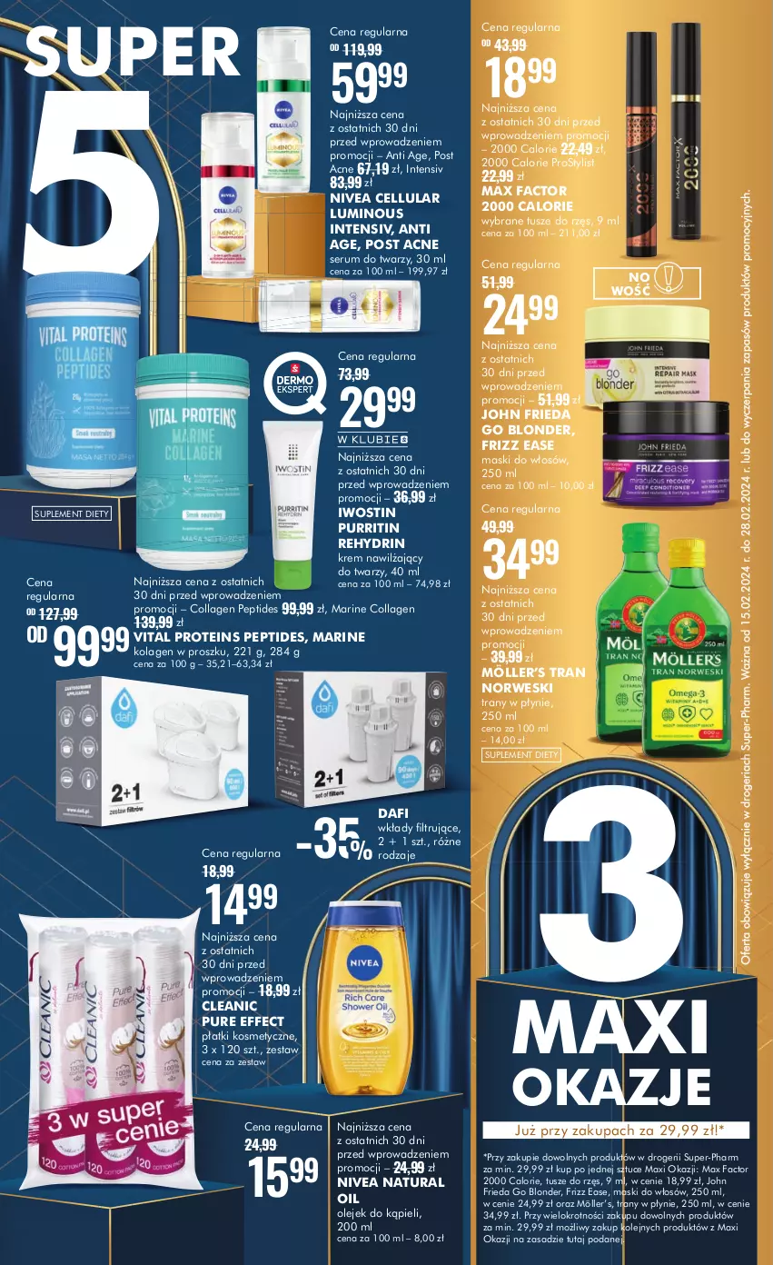 Gazetka promocyjna Super Pharm - Gazetka - ważna 15.02 do 28.02.2024 - strona 2 - produkty: Cleanic, Fa, Iwostin, John frieda, Kolagen, Krem nawilżający, Max Factor, Nivea, Olej, Płatki kosmetyczne, Pur, Rum, Ser, Serum, Serum do twarzy, Suplement diety, Tran, Tusz