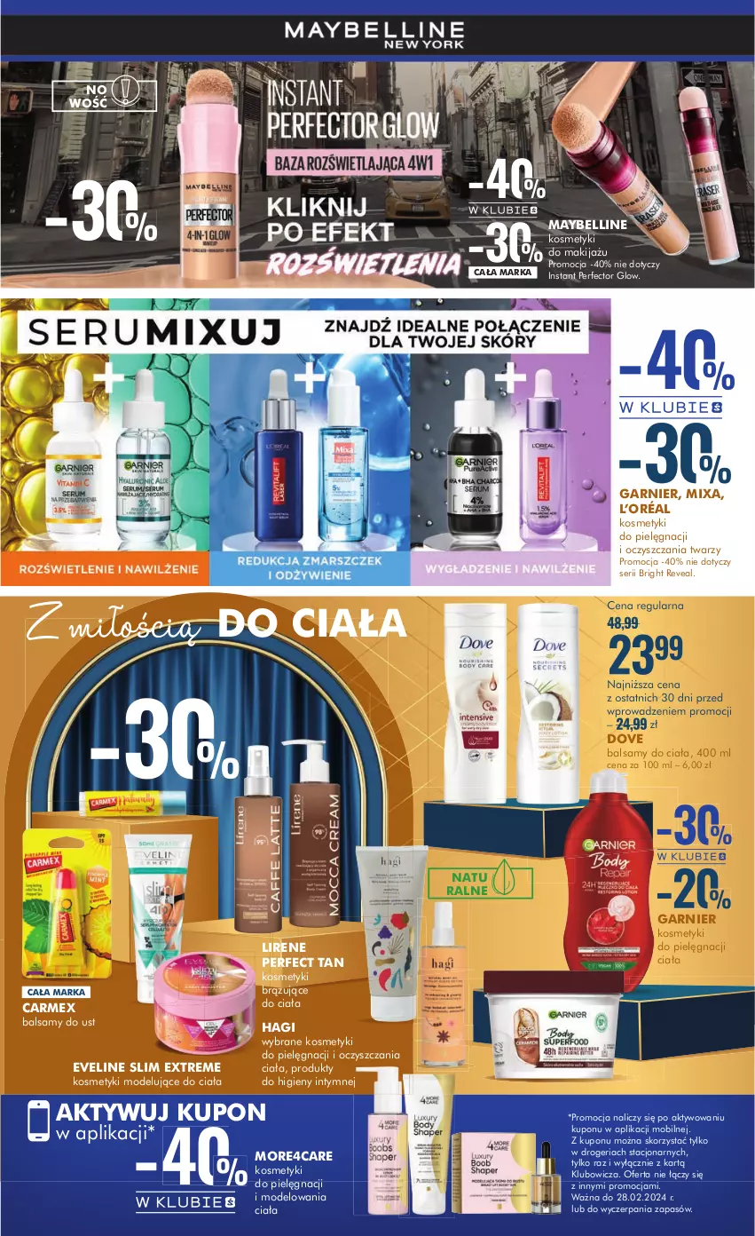 Gazetka promocyjna Super Pharm - Gazetka - ważna 15.02 do 28.02.2024 - strona 9 - produkty: Bell, Dove, Eveline, Garnier, Kosmetyki do pielęgnacji, L’Oréal, Lirene, Makijaż, Maybelline, Mixa, Mobil, Ser