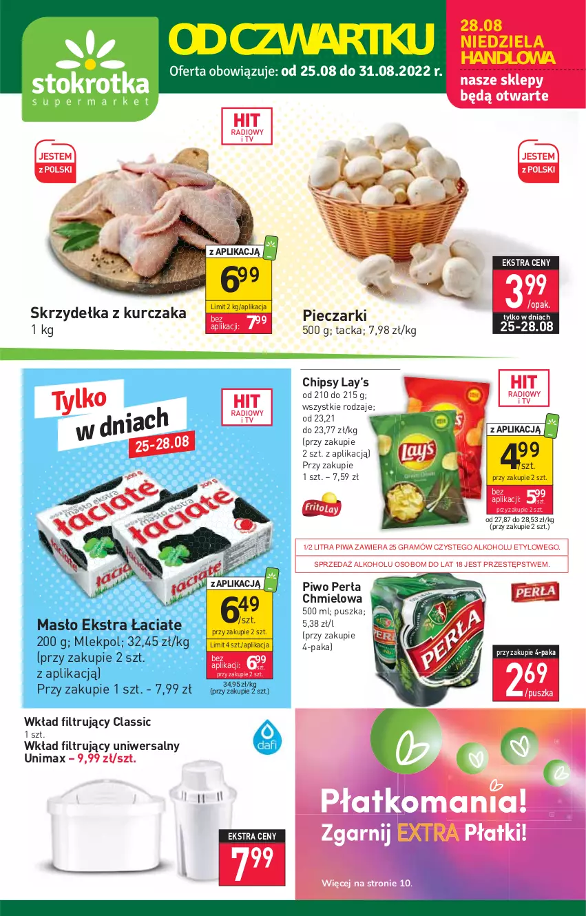 Gazetka promocyjna Stokrotka - Supermarket - ważna 25.08 do 31.08.2022 - strona 1 - produkty: Chipsy, Gra, Kurczak, Lay’s, Masło, Perła, Piec, Piwa, Piwo, Skrzydełka z kurczaka, Wkład filtrujący