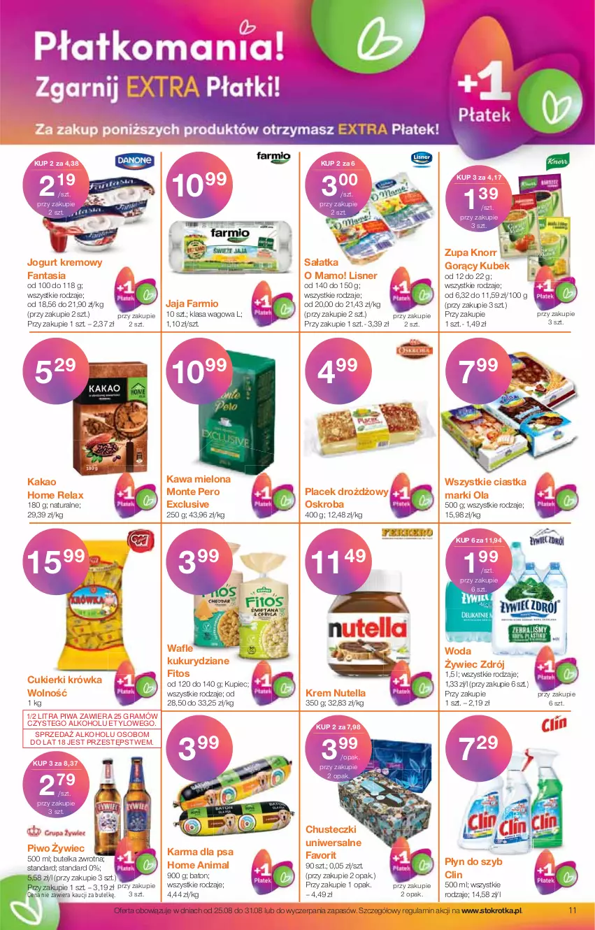 Gazetka promocyjna Stokrotka - Supermarket - ważna 25.08 do 31.08.2022 - strona 11 - produkty: Baton, Chusteczki, Ciastka, Clin, Cukier, Cukierki, Fa, Fanta, Gra, Jaja, Jogurt, Kakao, Kawa, Kawa mielona, Knorr, Kubek, Kupiec, Lisner, Monte, Nutella, Piec, Piwa, Piwo, Płyn do szyb, Sałat, Sałatka, Woda, Zupa