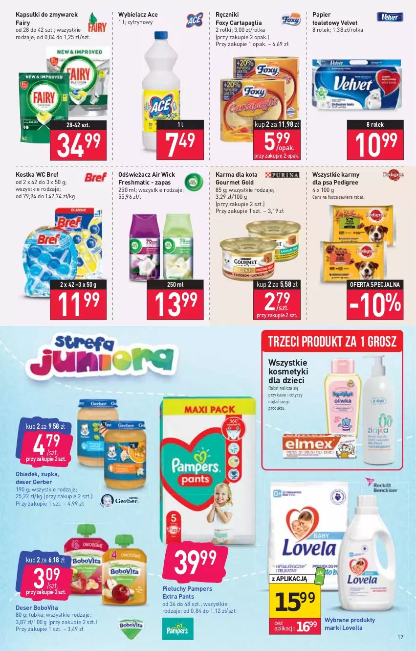 Gazetka promocyjna Stokrotka - Supermarket - ważna 25.08 do 31.08.2022 - strona 17 - produkty: Air Wick, BoboVita, Bref, Deser, Dzieci, Fa, Fairy, Foxy, Gerber, Gourmet Gold, Kosmetyki dla dzieci, Pampers, Papier, Papier toaletowy, Pedigree, Pieluchy, Ręcznik, Rolki, Ser, Velvet