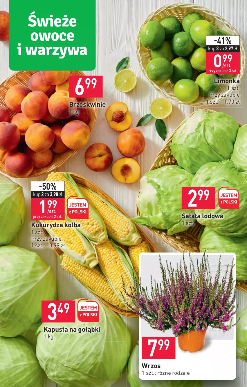 Gazetka promocyjna Stokrotka - Supermarket - ważna 25.08 do 31.08.2022 - strona 3 - produkty: Brzoskwinie, Kukurydza, Limonka, Sałat, Sałata lodowa